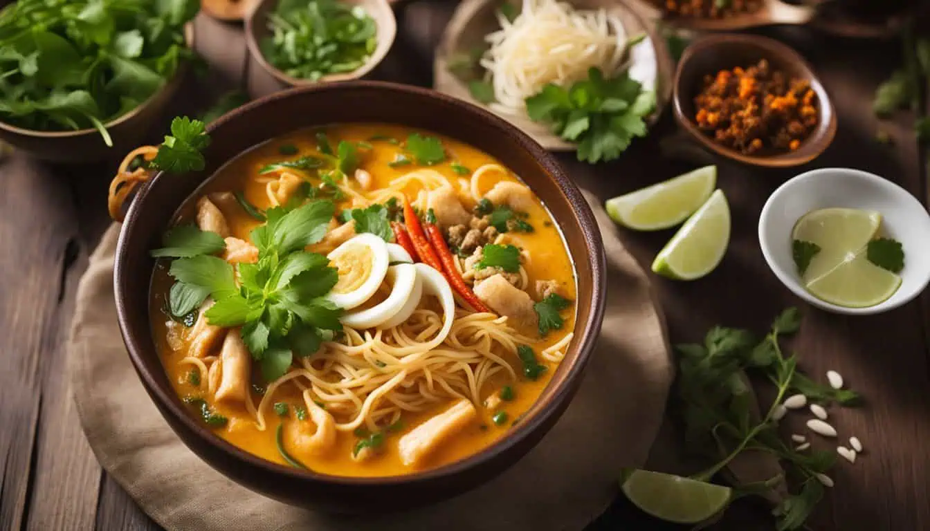 A delicious serving of spicy noodle dish with vegetables and herbs, highlighting Singapore's best Laksa dish.