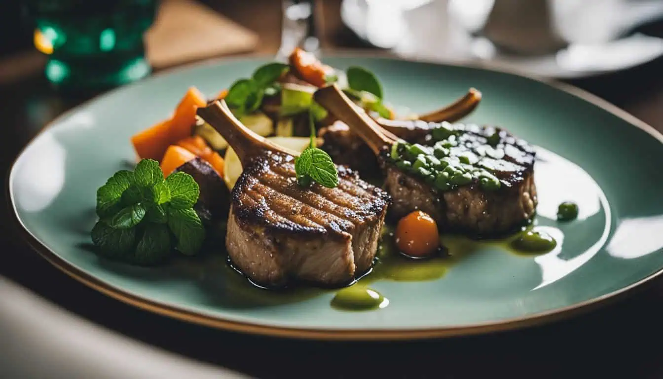A gourmet plate displaying tender lamb chops alongside vibrant vegetables, highlighting the best dining experiences in Singapore.