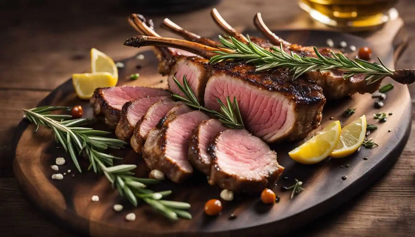 Grilled lamb rack garnished with rosemary and lemon, presented on a wooden cutting board, showcasing culinary excellence.