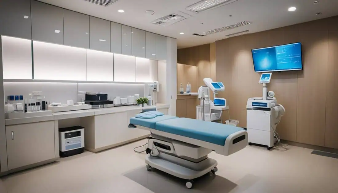 A modern medical room equipped with a blue bed, highlighting the excellence of the Best Laser Clinics in Singapore.