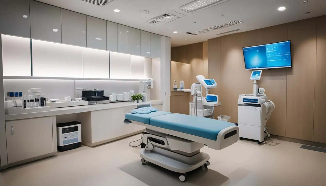 A modern medical room equipped with a blue bed, highlighting the excellence of the Best Laser Clinics in Singapore.
