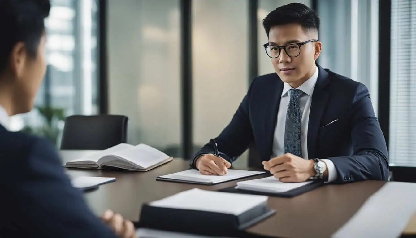 A professional man in a suit and tie seated at a desk, writing notes with a pen, representing top lawyers in Singapore.