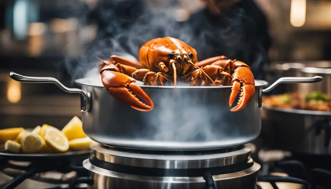 A lobster cooking in a pot on a stove, showcasing a delicious dish from the best lobster restaurants in Singapore.