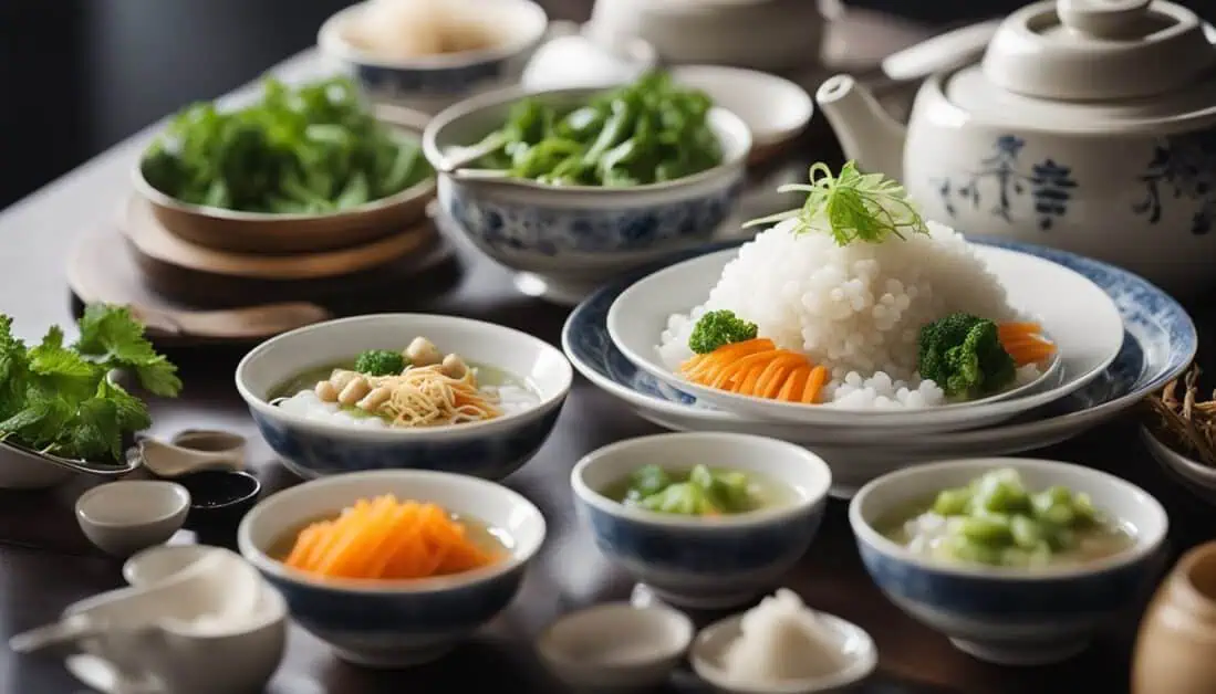 A table adorned with various bowls of food and a teapot, showcasing the best local breakfast spots in Singapore.