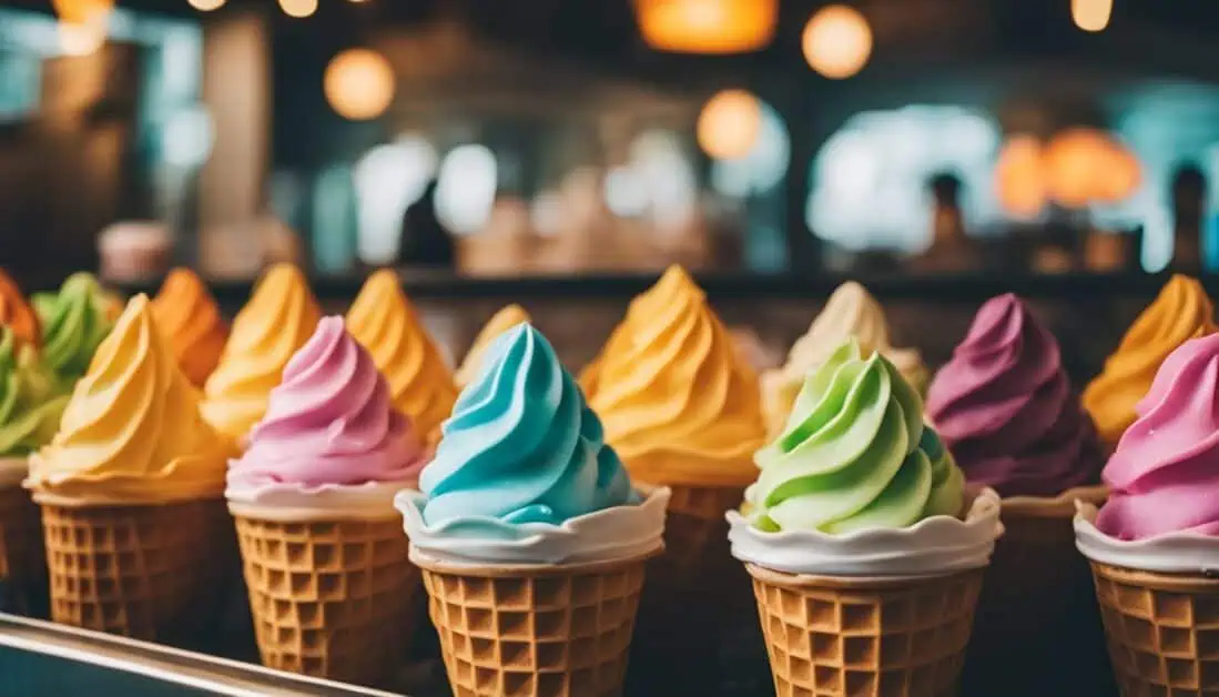 Colorful ice cream cones displayed in a row, showcasing the vibrant offerings from the best local ice cream shops in Singapore.