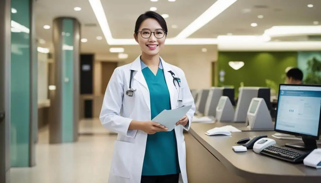 A female doctor in a professional setting, positioned before a computer, highlighting Singapore's Best Medical Concierge services.