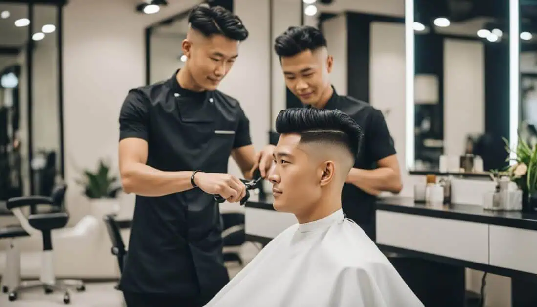 Asian men receiving haircuts in a barber shop, showcasing the best men's hair salons in Singapore.