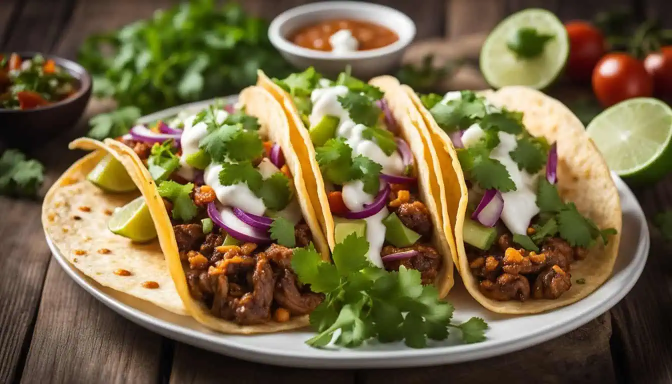 Three delicious tacos filled with meat and vegetables, elegantly presented on a white plate at a top Mexican restaurant in Singapore.