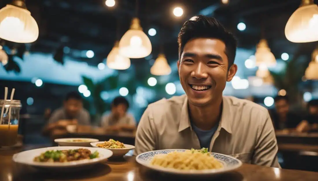 A man enjoys a meal at a restaurant, smiling while savoring the best Middle Eastern food in Singapore.