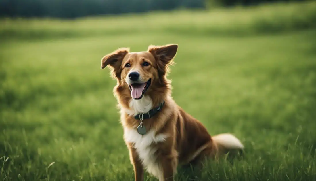 A dog comfortably seated in a vibrant grassy field, embodying the essence of outdoor leisure for beloved pets.