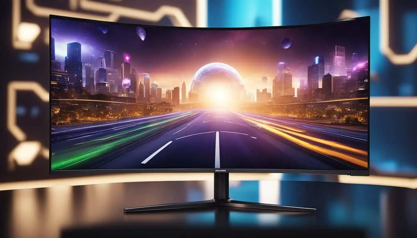 A curved monitor displayed against a backdrop of a futuristic city, highlighting its suitability for gaming and content creation.