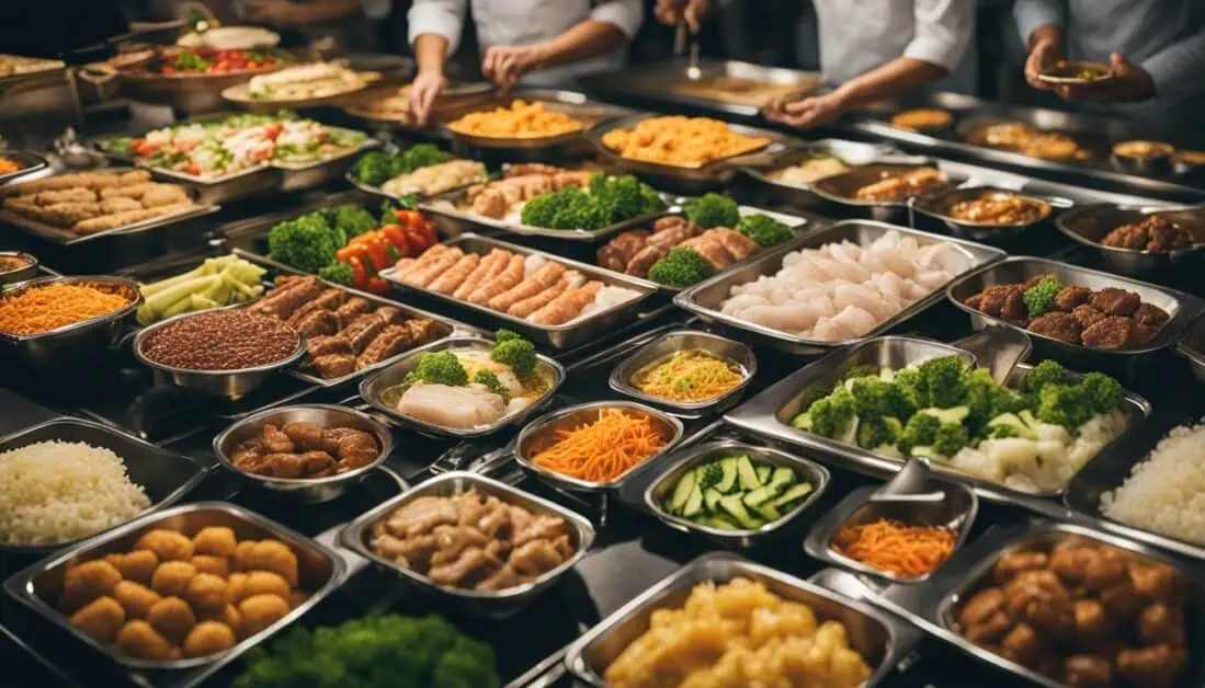 A vibrant buffet spread featuring a variety of dishes, showcasing the best Mookata options in Singapore.