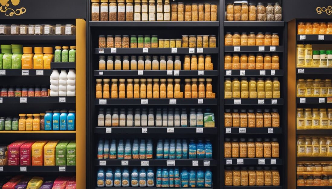 An organized store featuring shelves brimming with assorted multivitamin, illustrating a wide selection for customers.