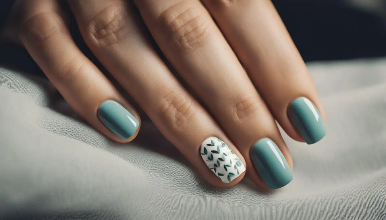 A detailed view of a woman's hand with stylish blue and white nails, exemplifying the best nail salon services in Singapore.