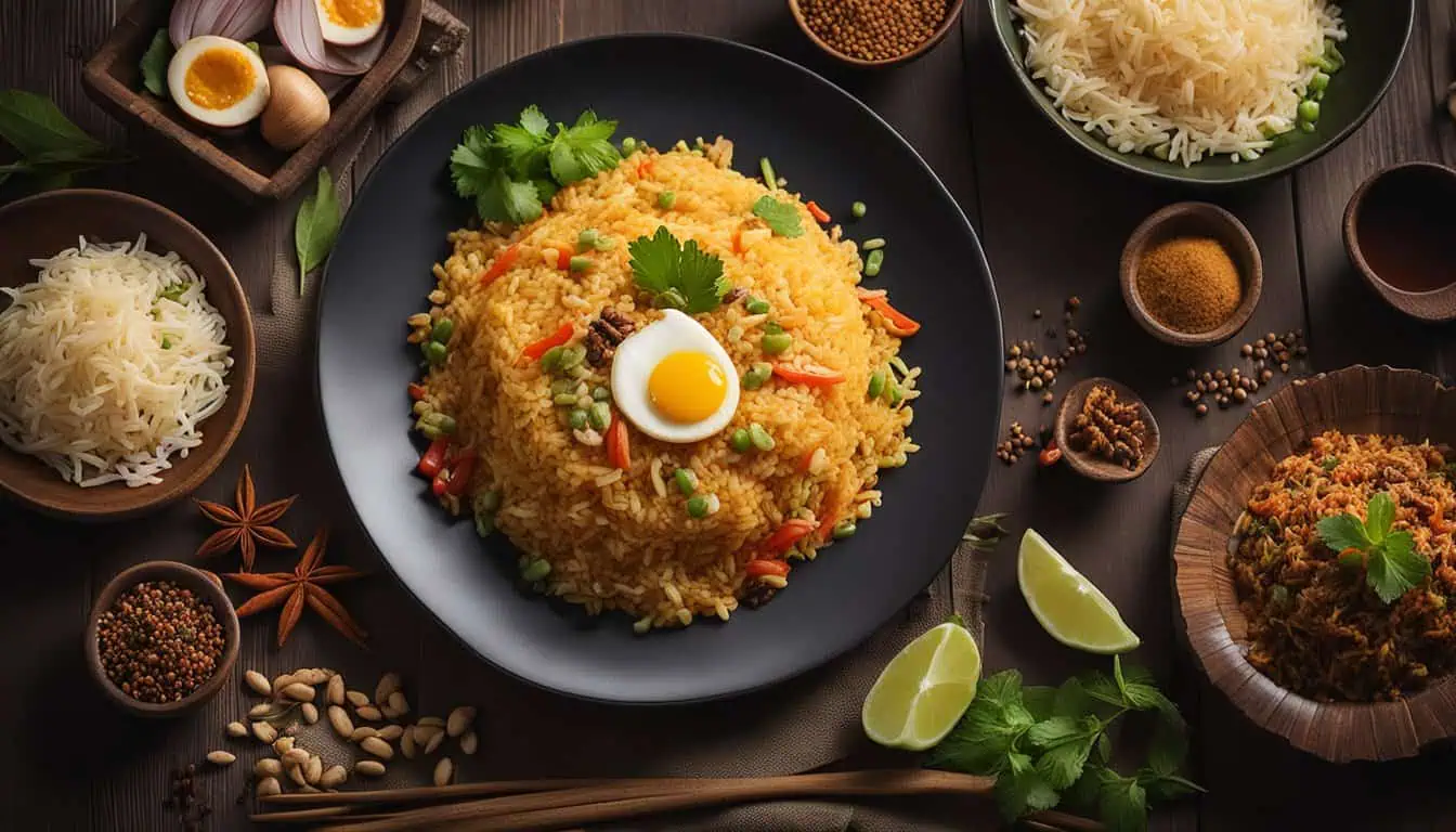 A vibrant display of rice dishes featuring eggs and spices, highlighting the best Nasi Goreng in Singapore.