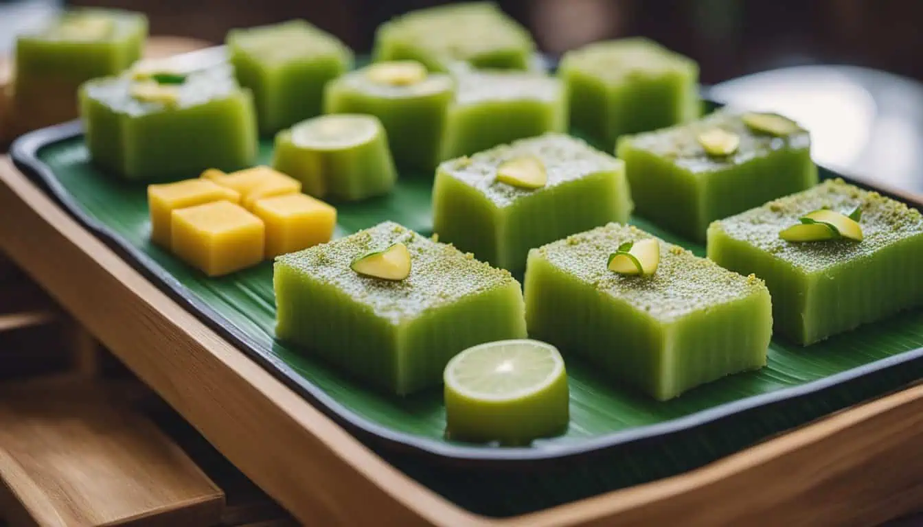 A tray of vibrant green Nonya Kueh garnished with fresh lime slices, showcasing Singapore's culinary delights.