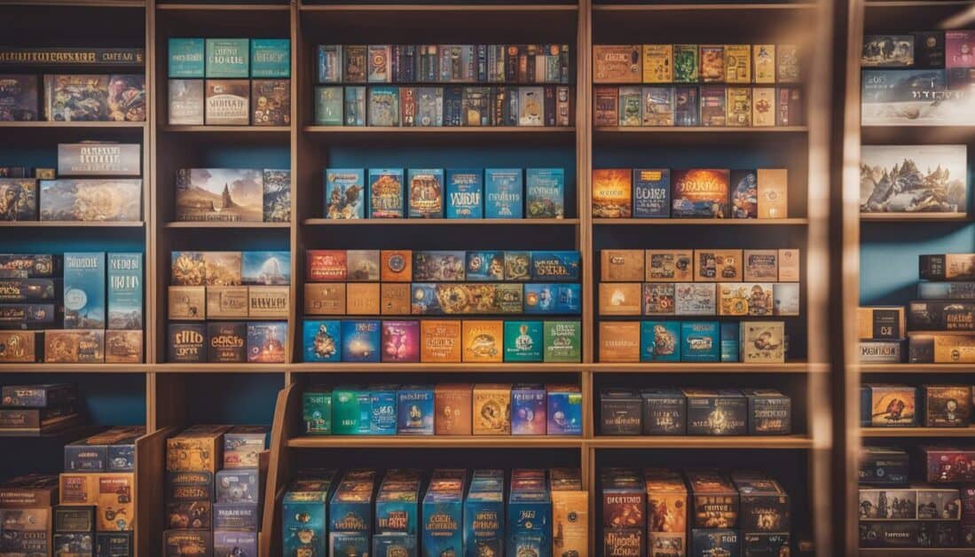 A neatly arranged collection of board games displayed on shelves, showcasing popular titles from Singapore's best online stores.