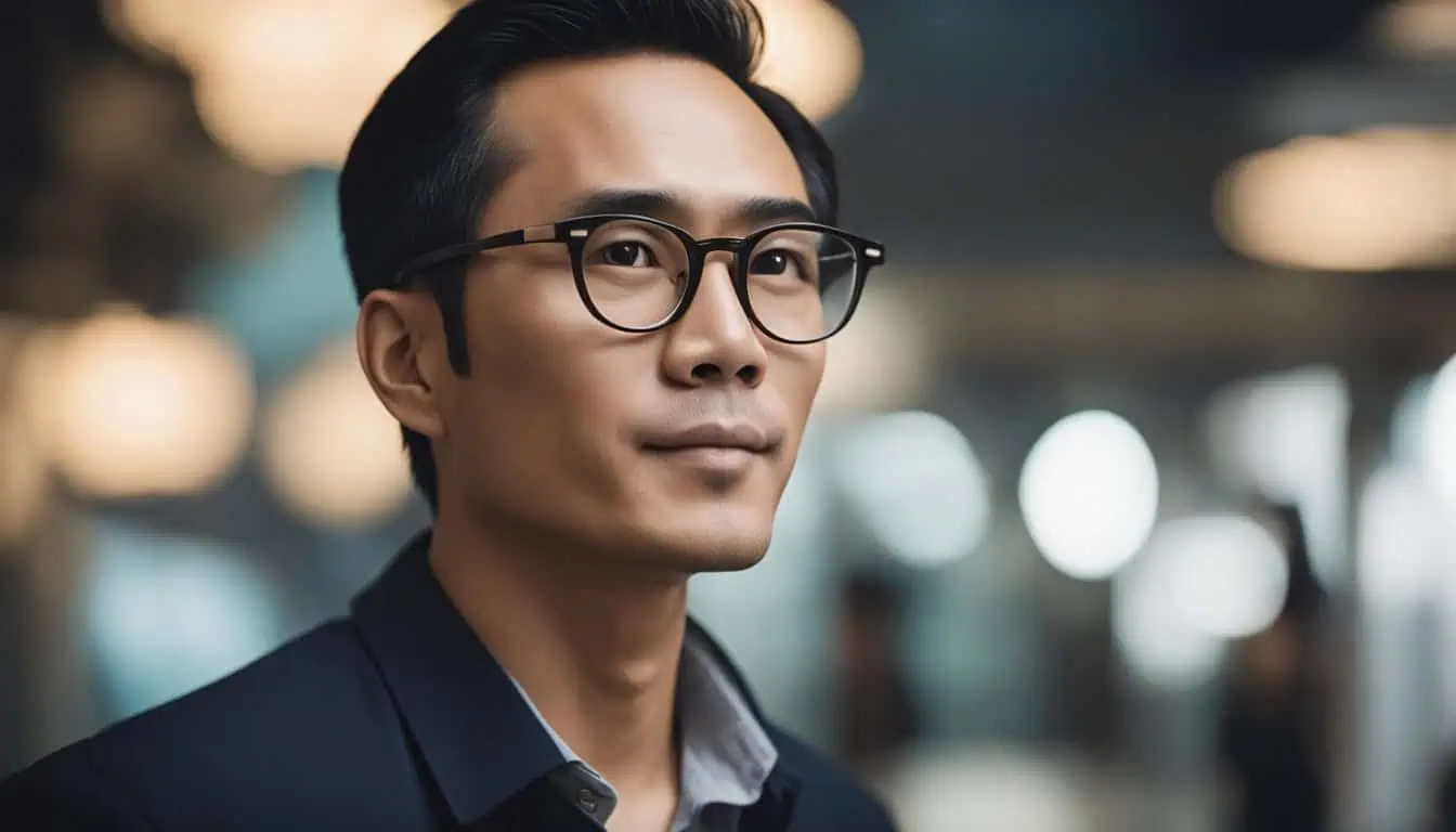 Professional man wearing glasses and a suit, symbolizing top optician services in Singapore.