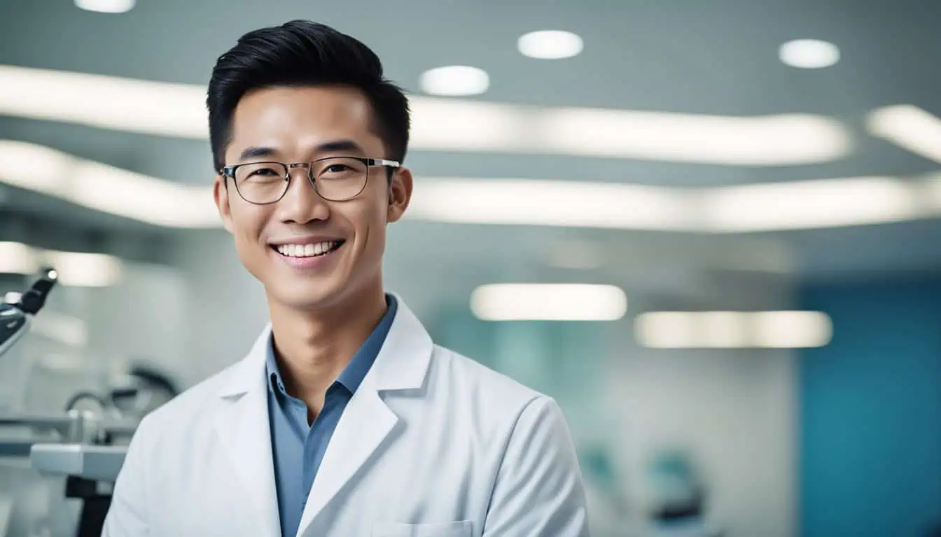 A smiling male doctor in a white coat, representing the best orthodontists in Singapore.