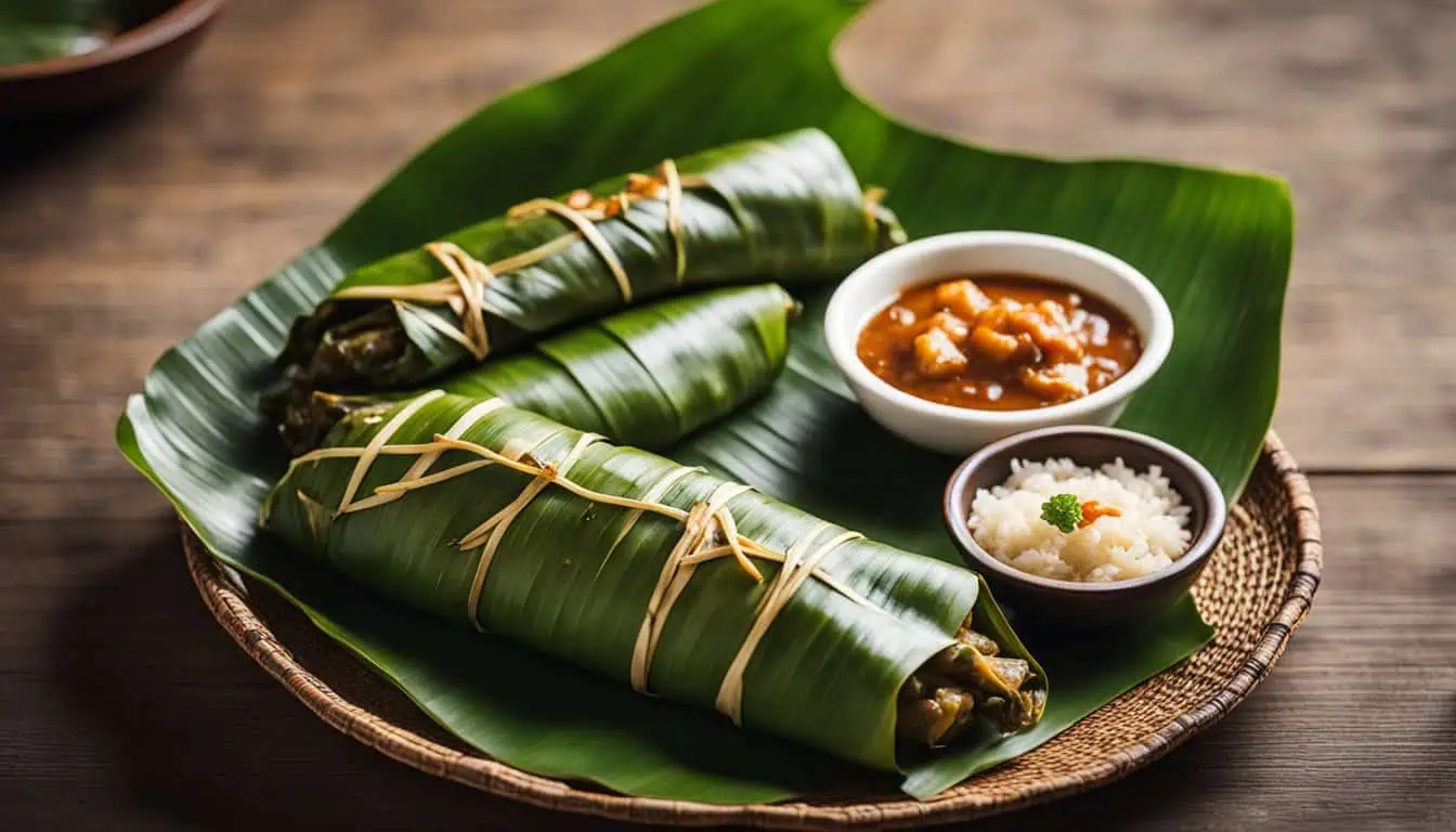 A plate featuring rice and a banana leaf wrapped delicately in a leaf, showcasing the best Otah in Singapore.