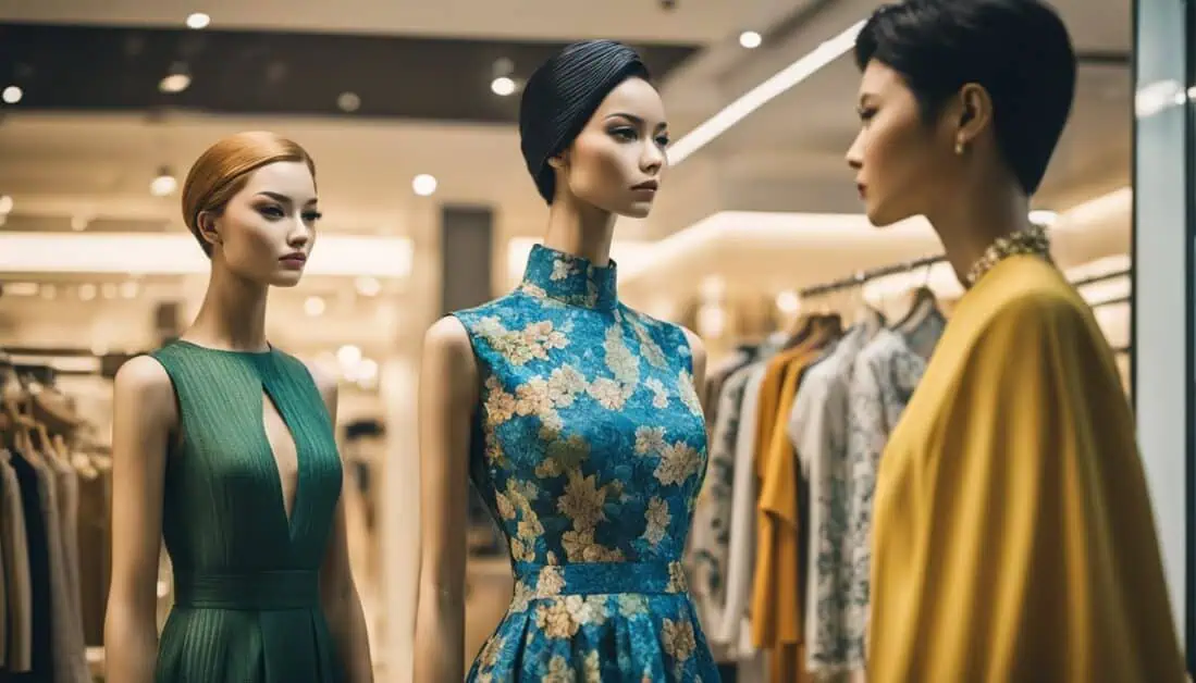 Three women in elegant dresses browsing clothing at a store in one of Singapore's best outlet malls.