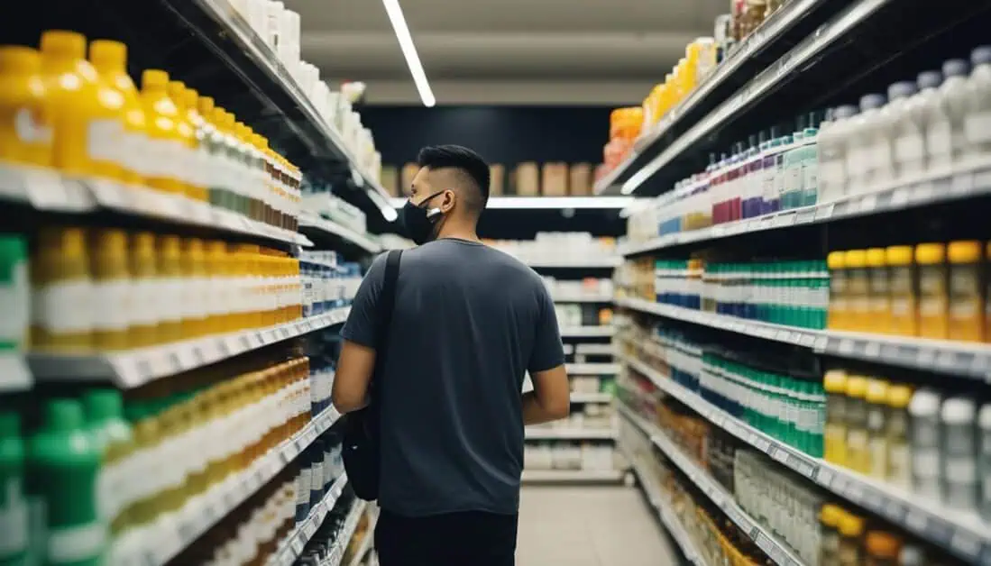 A man in a black shirt and face mask walks down the grocery store aisle, showcasing a safe shopping environment.