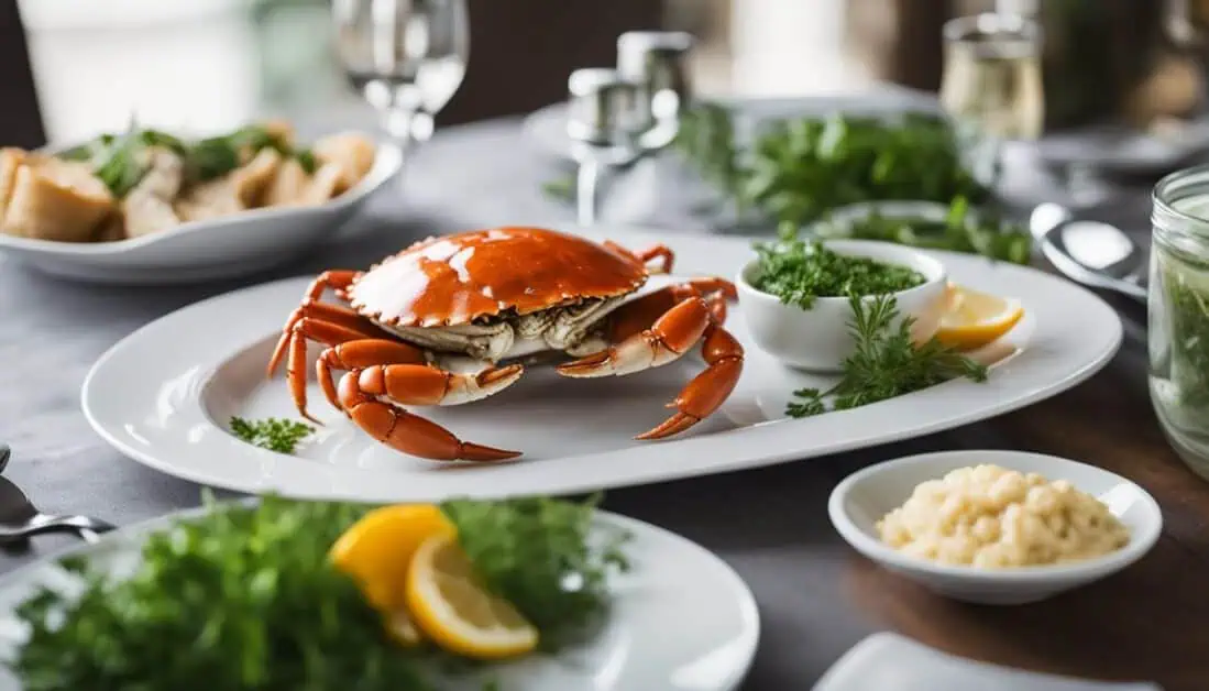 A crab sits on a plate with assorted dishes, representing the exquisite flavors found in Singapore's premier pepper crab restaurants.
