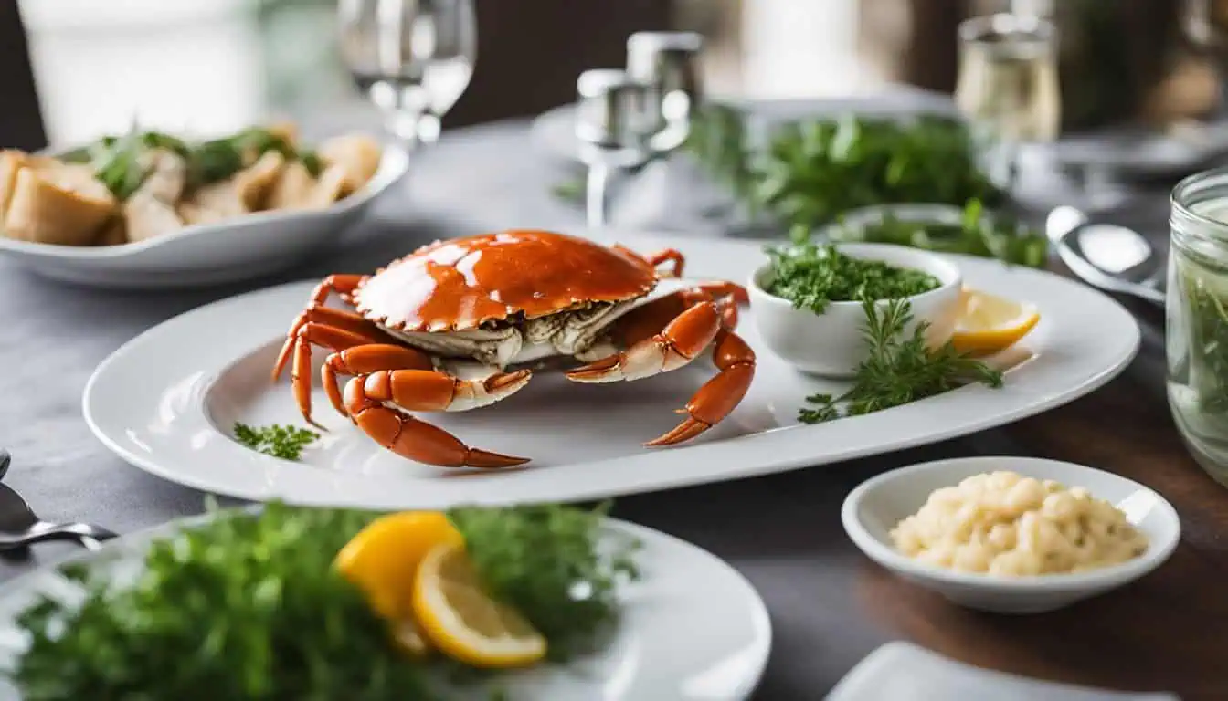 A crab sits on a plate with assorted dishes, representing the exquisite flavors found in Singapore's premier pepper crab restaurants.