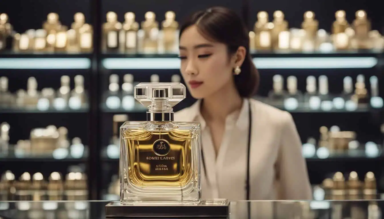 A woman inspects a perfume bottle, representing the charm of discovering exquisite fragrances in Singapore's finest perfume shops.