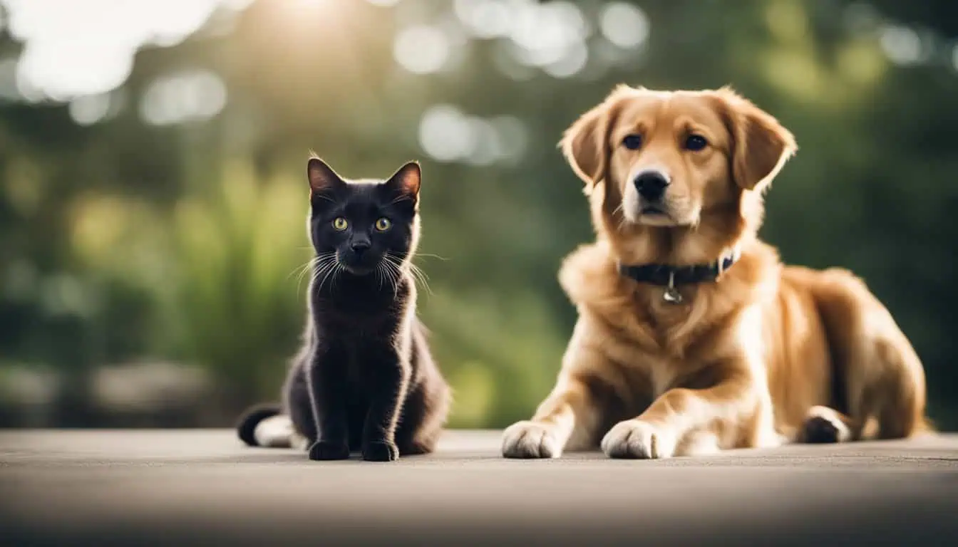 A dog and cat relax on a wooden deck, symbolizing harmony between pets, ideal for promoting pet insurance in Singapore.