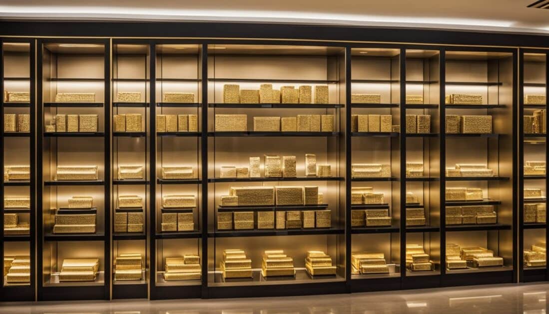 An interior filled with an impressive array of gold bars, representing top gold dealers in Singapore.