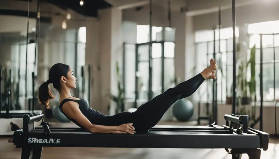 A woman performing Pilates exercises on a reformer, representing the top Pilates studio location in Singapore.