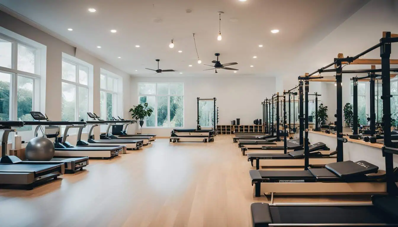 A well-equipped gym featuring numerous pilates machines and treadmills, showcasing the best Pilates studios in Singapore.