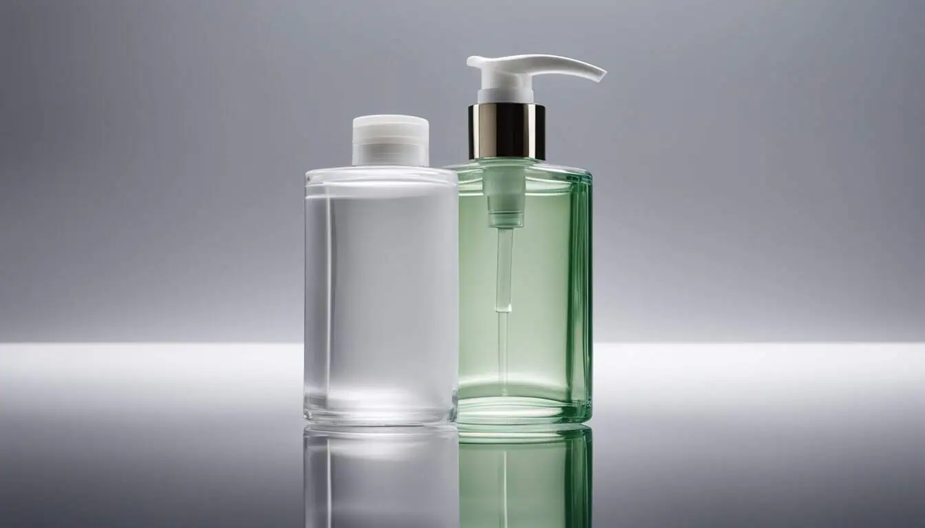 Two elegant bottles of facial cleanser on a shiny surface, highlighting their modern appearance and appealing labels.