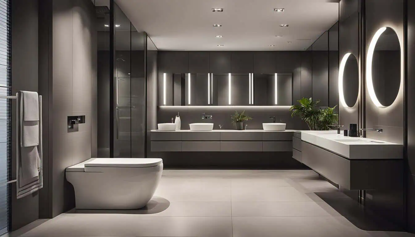 A contemporary bathroom featuring a spacious mirror and a sleek sink, ideal for modern living.