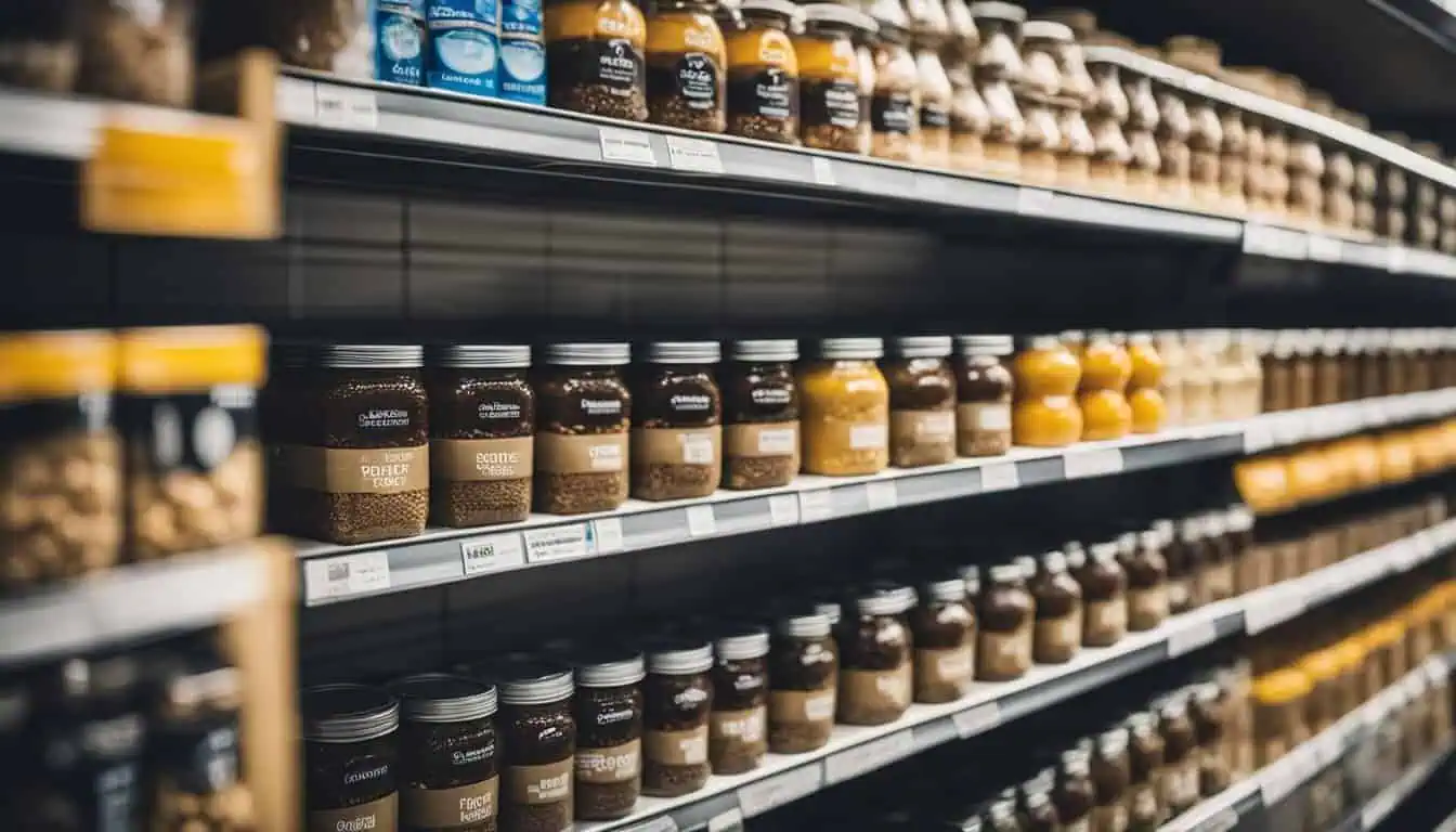 A display of jars of coffeee on grocery store shelves, showcasing freeze-dried coffees available in Singapore.