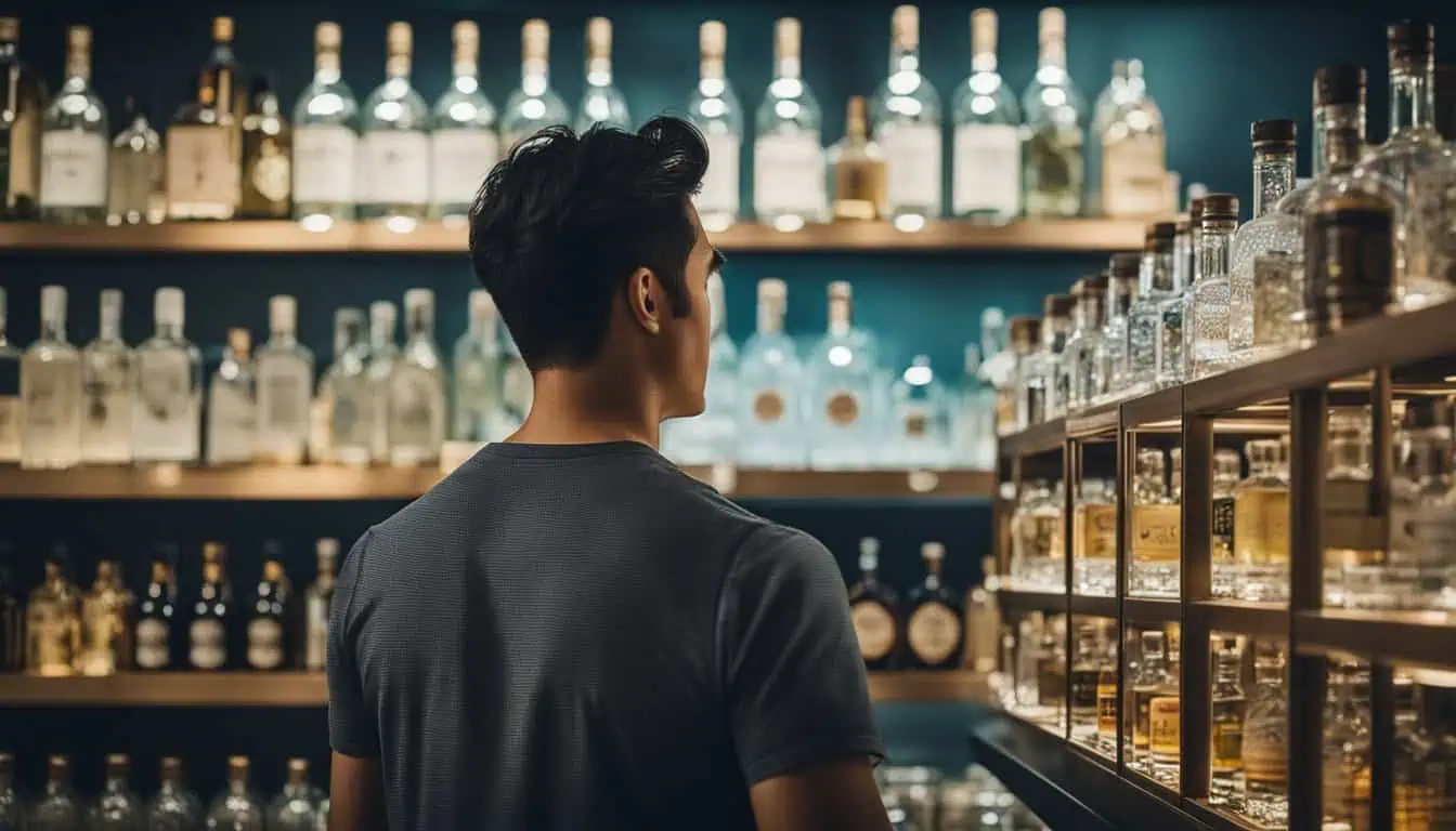 A man stands before an impressive shelf of gin bottles, representing the top place to purchase gin in Singapore.