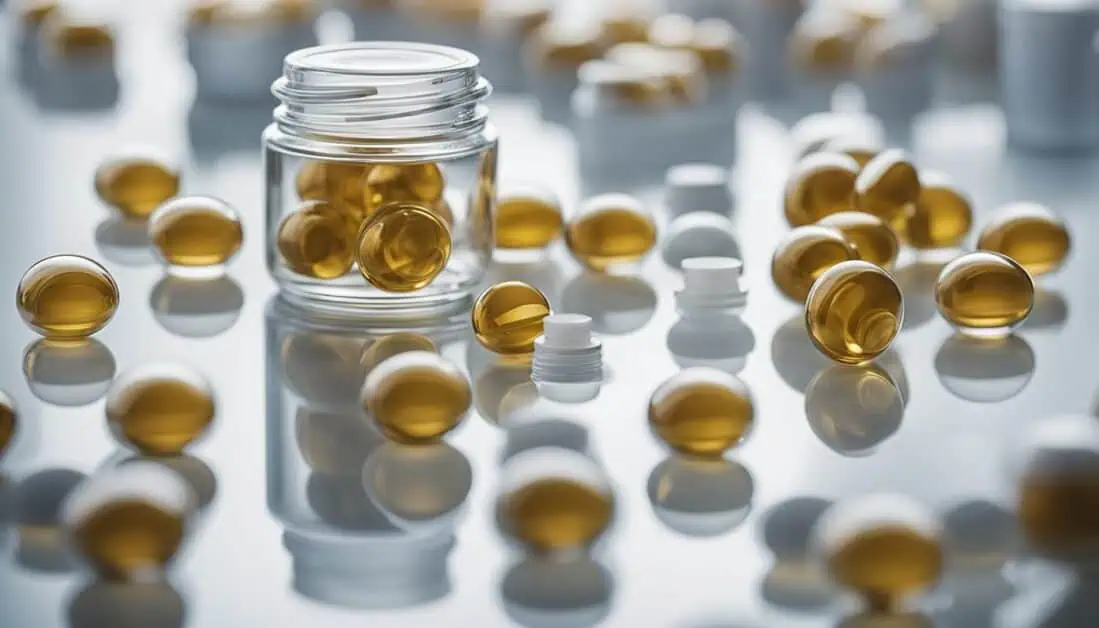 A clear glass jar containing an assortment of pills and capsules, representing popular health products in Singapore.
