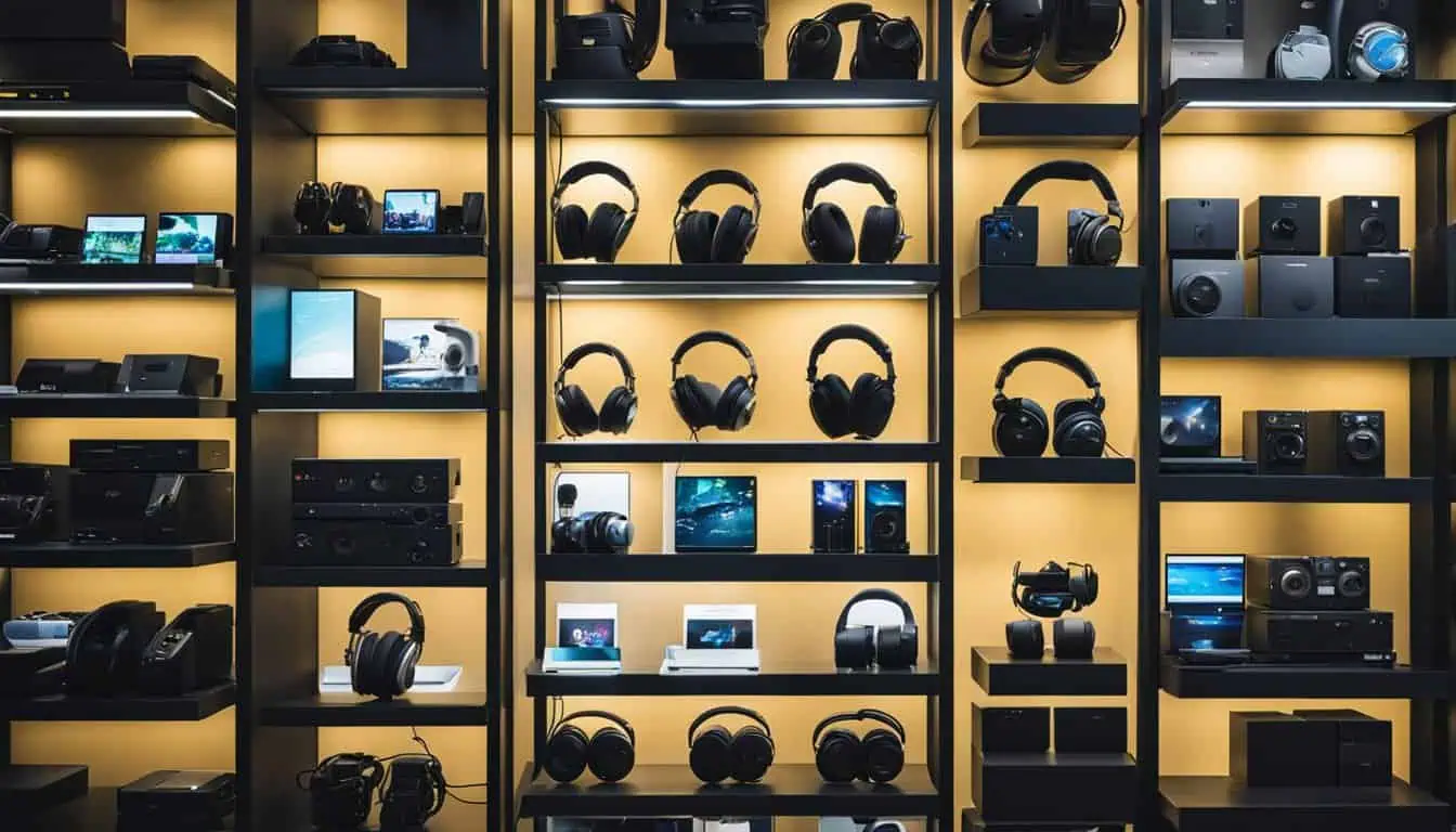 A well-organized display of various headphones in a store, showcasing the best options available in Singapore.