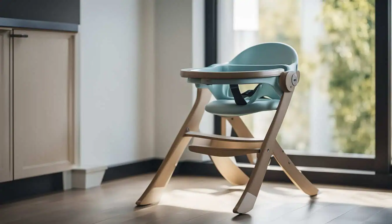 A blue high chair positioned in front of a window, ideal for feeding infants in a bright, inviting space.