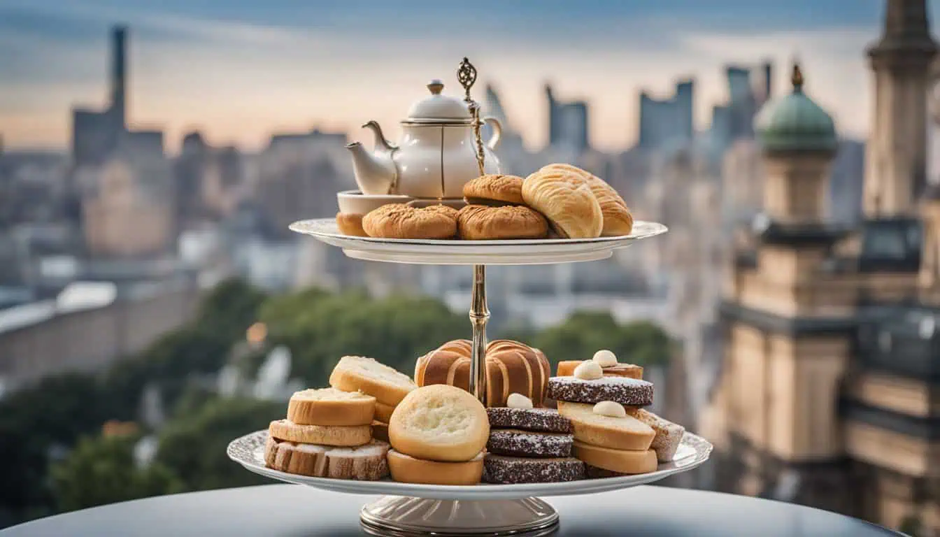 An elegant three-tiered plate filled with various pastries and a steaming cup of tea, perfect for enjoying high tea in Singapore.