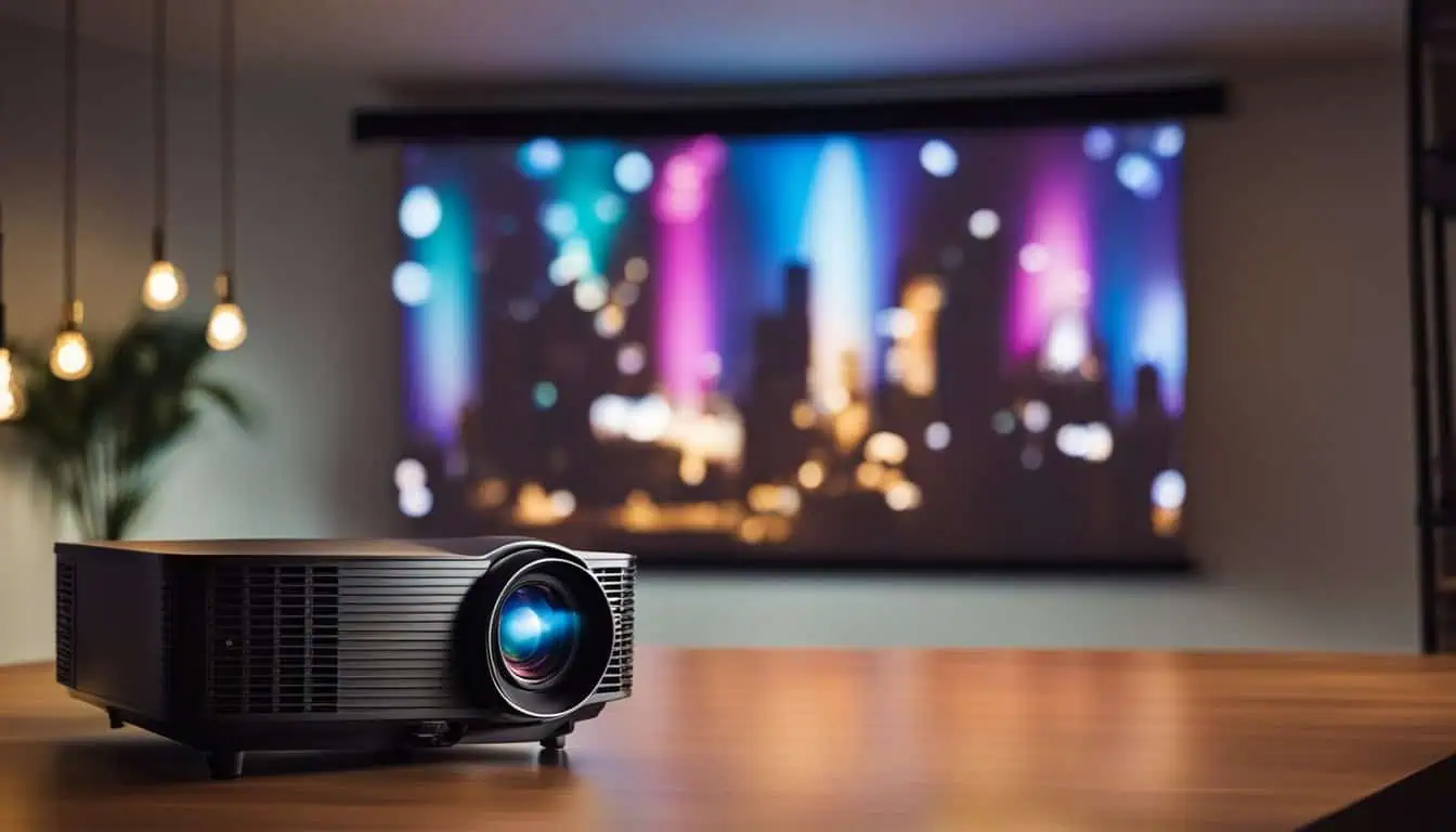 A home projector positioned on a table, facing a screen, ideal for movie nights or presentations.