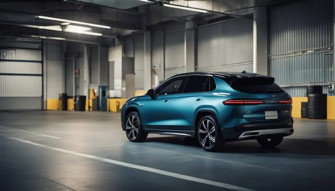 A Hybrid SUV parked inside a spacious warehouse, showcasing its sleek design and modern features.