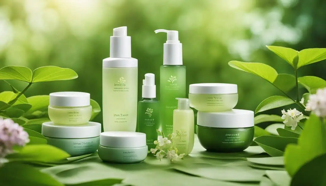 A collection of green tea skincare items set against a vibrant green leafy backdrop, emphasizing their organic appeal.