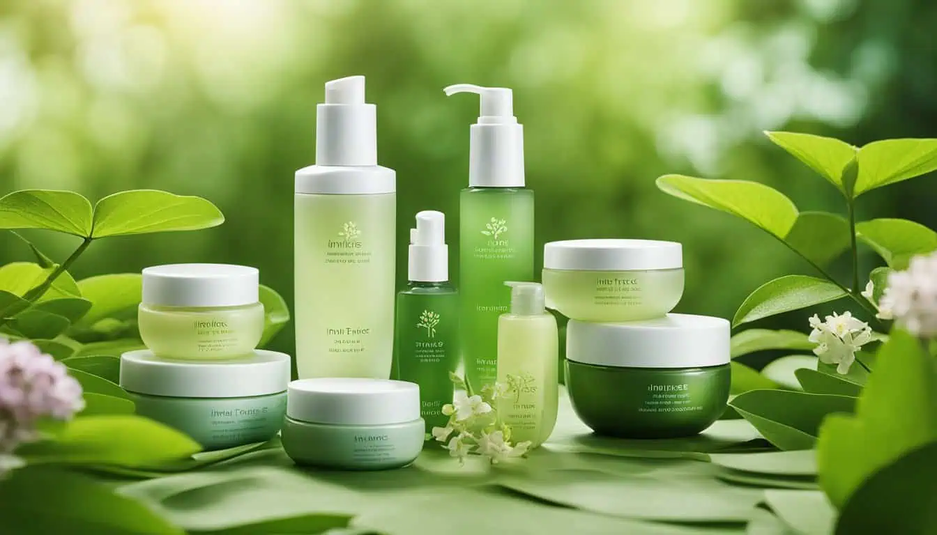 A collection of green tea skincare items set against a vibrant green leafy backdrop, emphasizing their organic appeal.