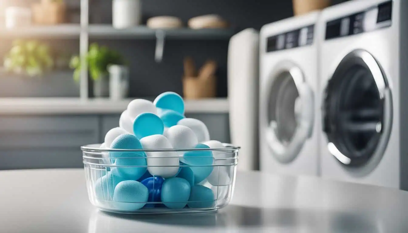 A bowl containing colored laundry capsules placed elegantly on a table.