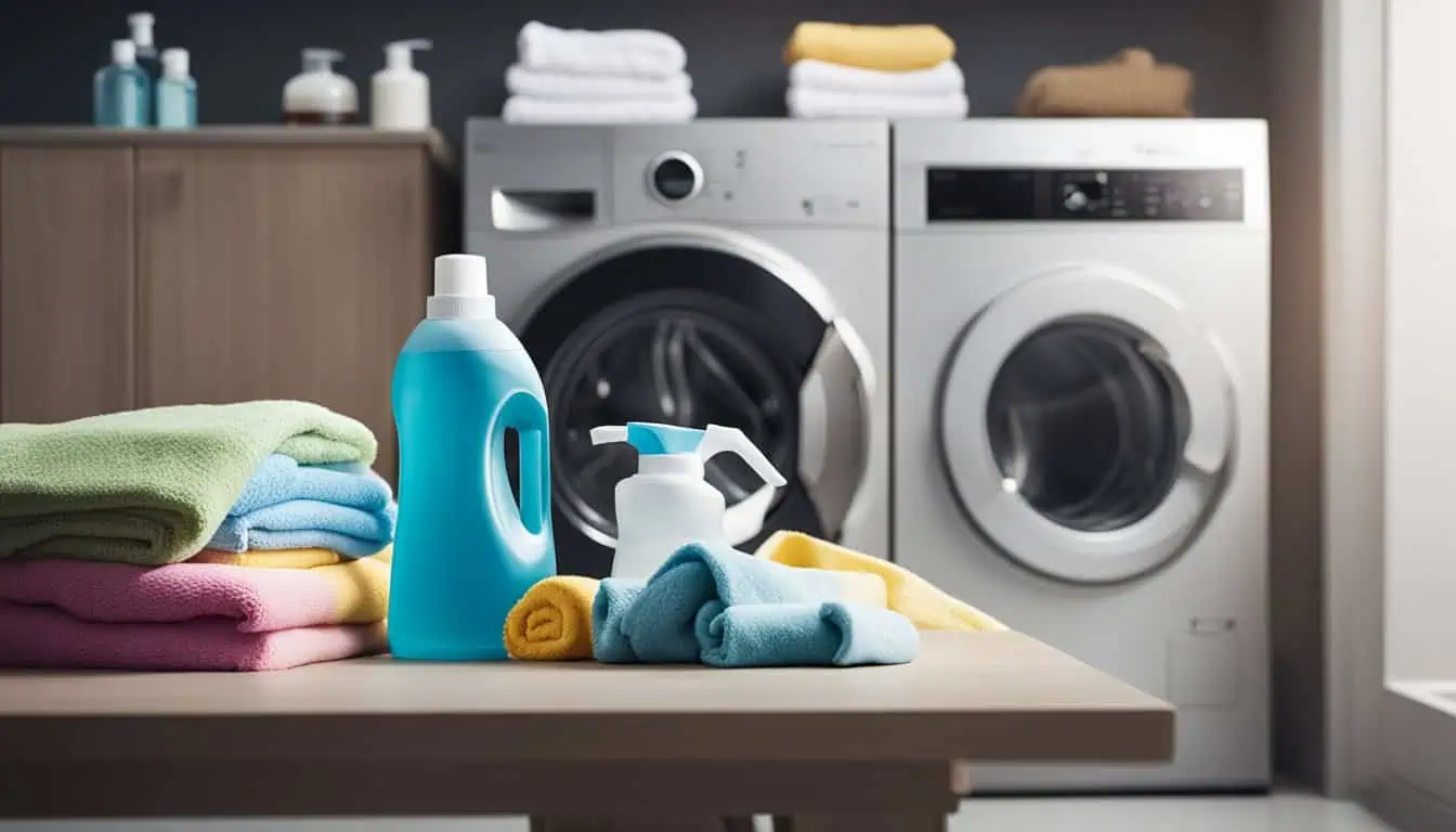 A table displaying towels and detergent beside a washing machine, showcasing laundry essentials in Singapore.