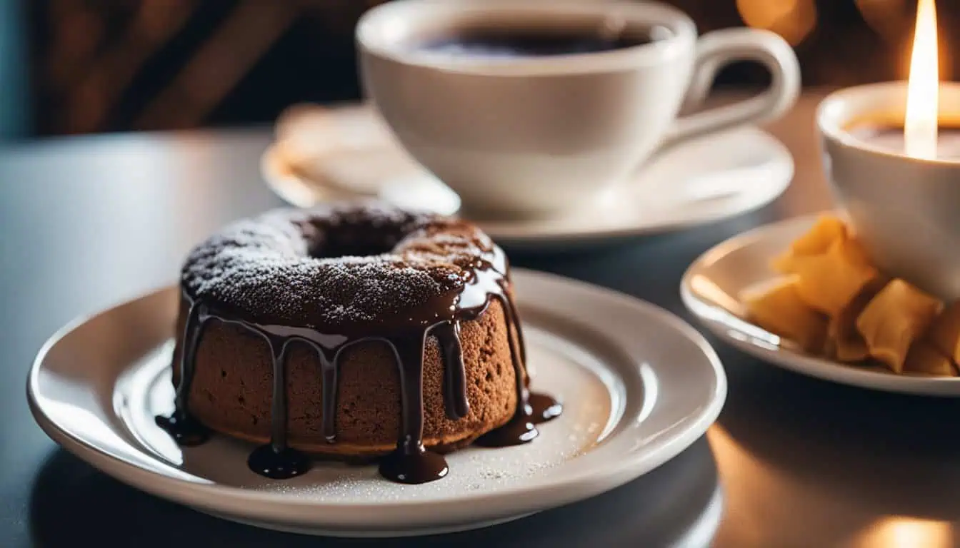 A charming small cake with a rich chocolate topping, beautifully placed on a plate, highlighting Singapore's best lava cake.