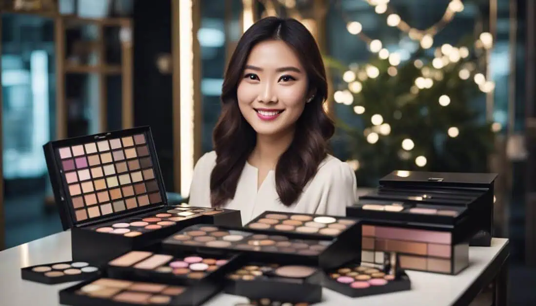 A woman showcases an extensive array of makeup products, highlighting the best place to buy makeup box sets in Singapore.