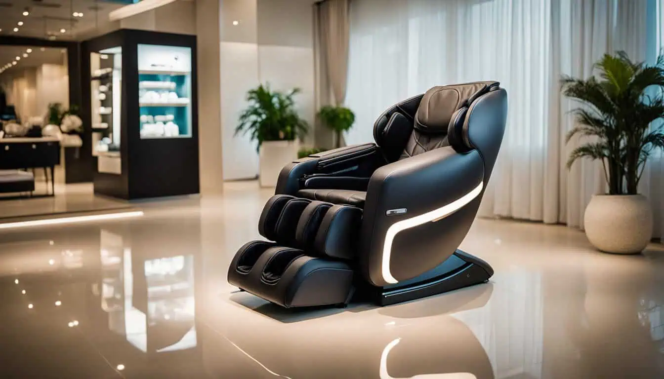 A sleek massage chair positioned in a contemporary office setting, ideal for relaxation during work hours in Singapore.